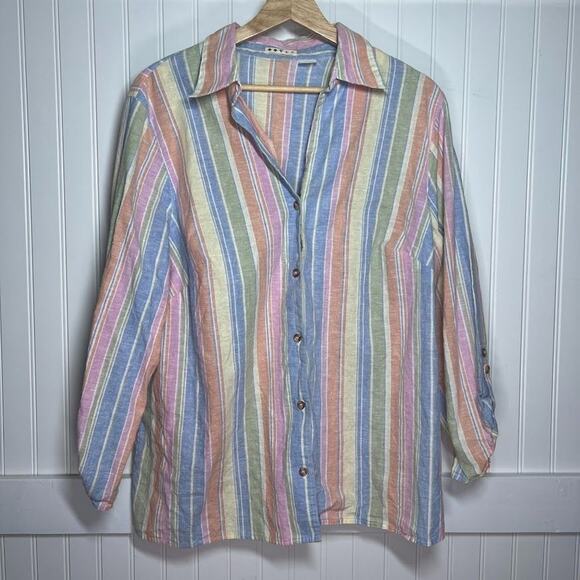 Vintage 2X Women's Rainbow Pastel Button Down Top Collar Striped Linen - Picture 2 of 9